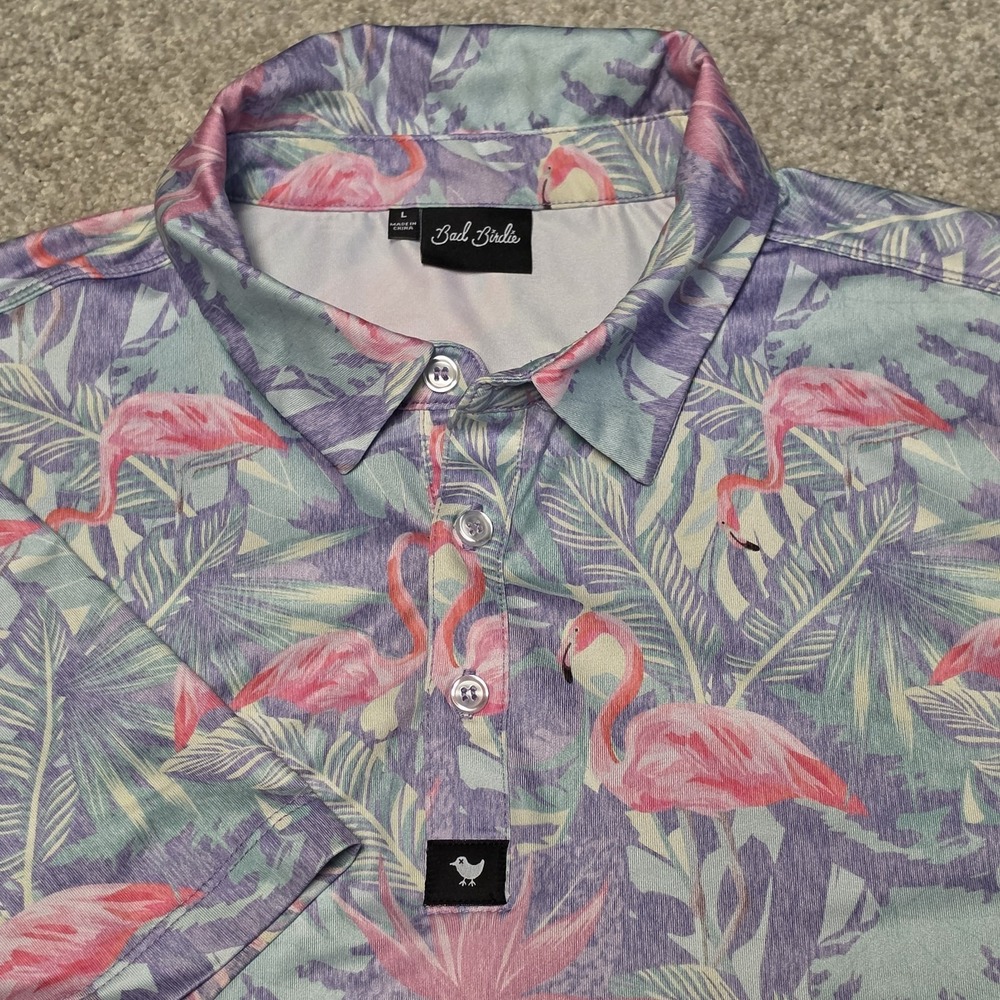 Bad Birdie Mingos Polo Shirt Mens Large Pink Flamingo‎ Tropical Golf Performance